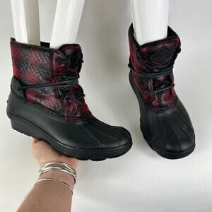 Sperry wedge duck boots women’s 6.5 black red Buffalo check fall slip on secret